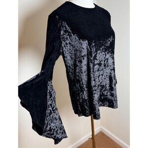 Context Black Crushed Velvet Top Bell Sleeve Boho Goth Witchy Stretch Blouse M